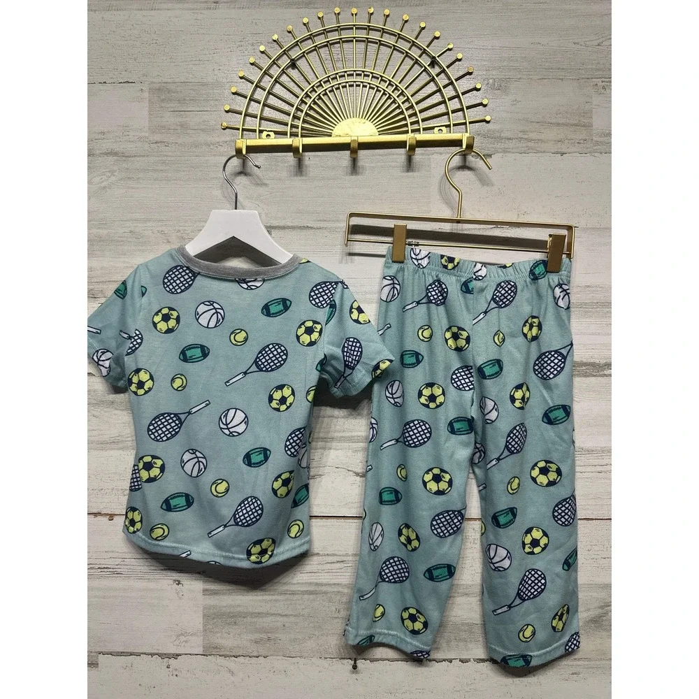 Carter's Pajama Set Boys 4T Sage Green Sports Print EUC‎